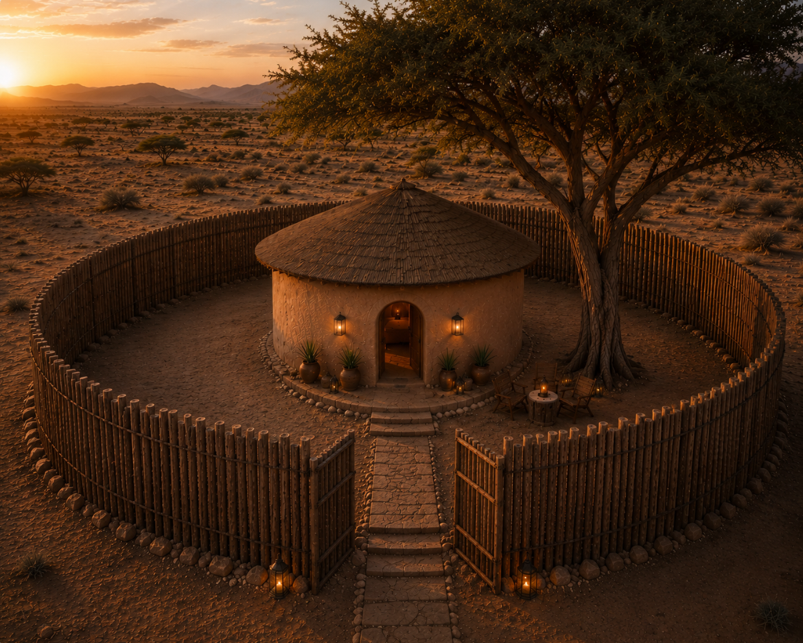 Himba House architectural concept: a circular earth-walled homestead at sunset