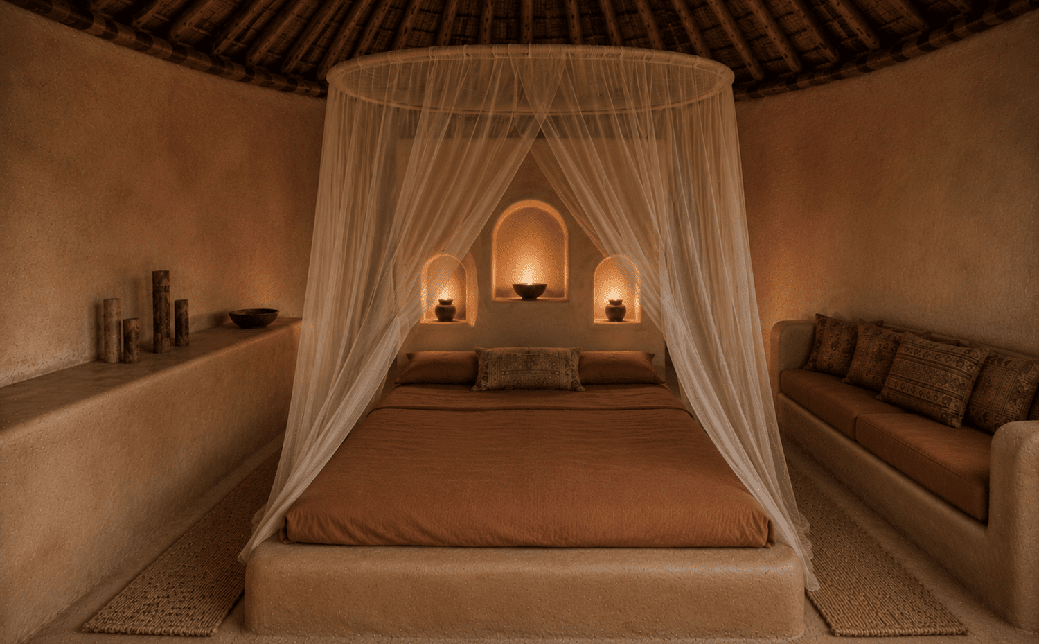 Bedroom design concept with a comfortable bed and natural materials